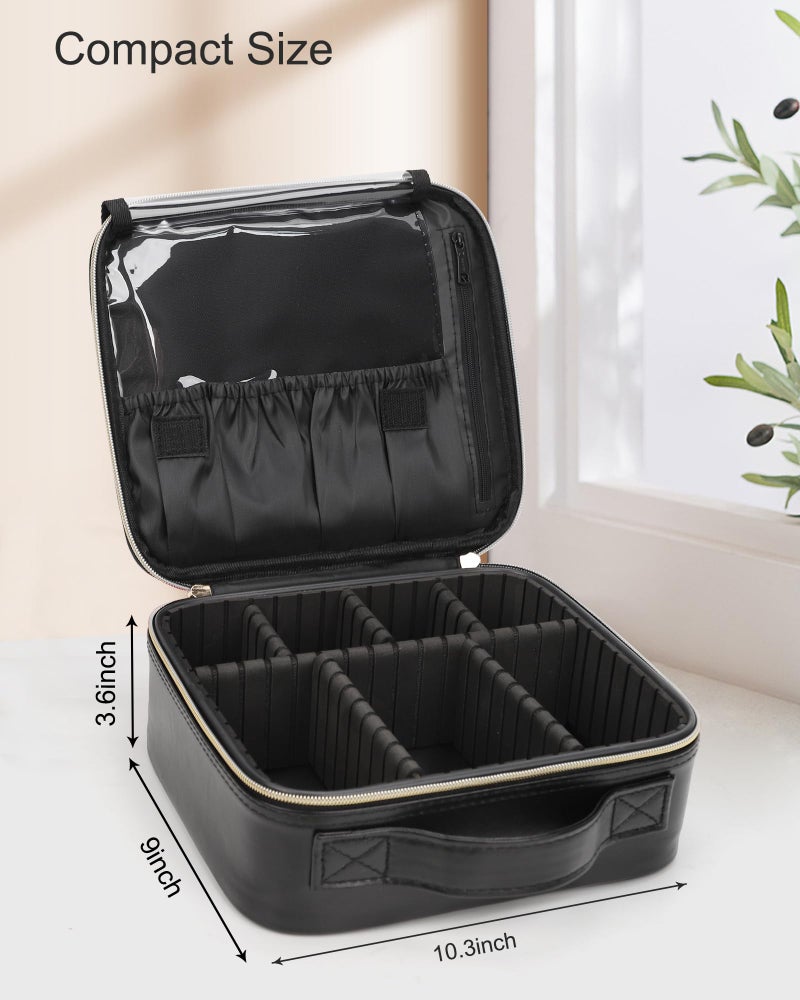 Relavel Makeup Bag  Travel Cosmetic Train Case Organizer Portable Artist Storage Bag with Adjustable Dividers for Cosmetics Makeup Brushes Toiletry Jewelry Digital Accessories Quilted Leather Black - Image 4